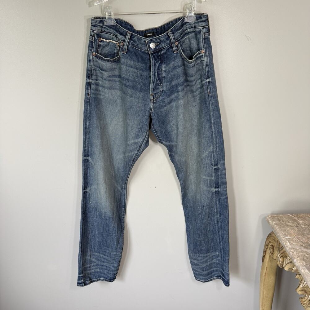 Express Jeans Mens 34X34 Blue Selvedge Slim Straight Med Wash Button Fly Denim